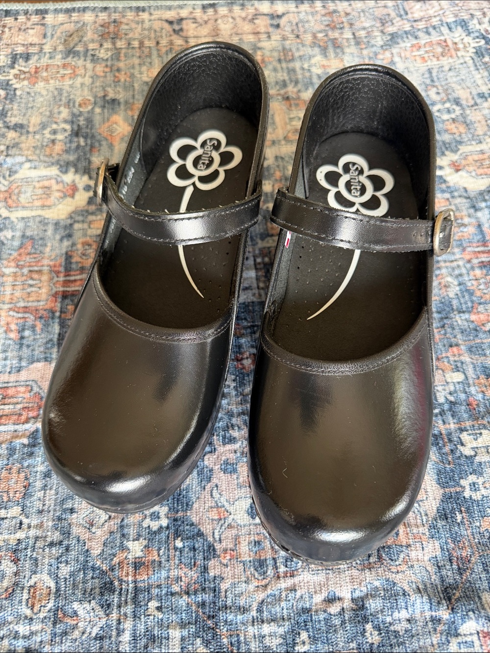 Sanita Black Patent Mary Jane Clogs with Buckle